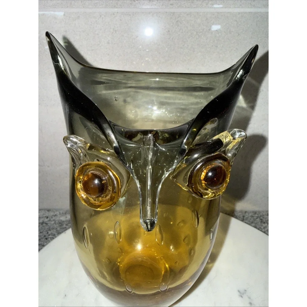 MOUTH BLOWN Amber Gray Vase OWL Shape LARGE 9